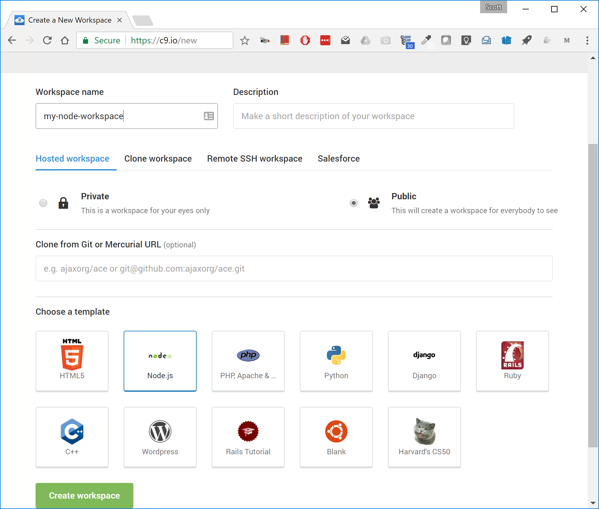 cloud 9 node env